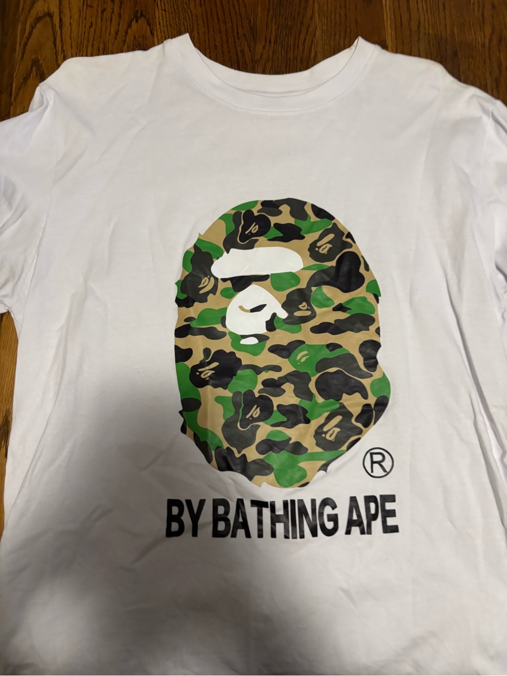 BAPE White Short-Sleeve Tee with Green Camo Ape Logo